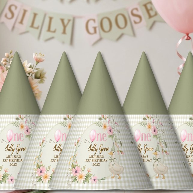 One Silly Goose Gingham Floral Birthday Party Hat (Creator Uploaded)