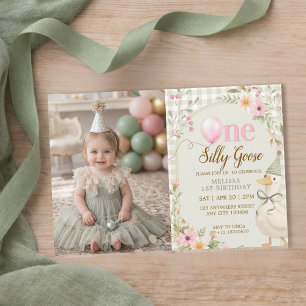 One Silly Goose Gingham Floral Girl 1st Birthday Invitation
