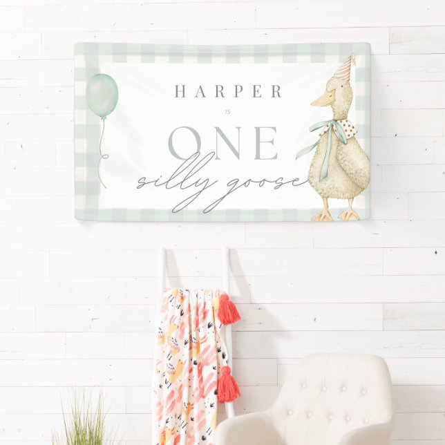 One Silly Goose Gingham Neutral 1st Birthday Banne Banner (Insitu)
