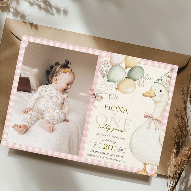 One Silly Goose Gingham Pink 1st Birthday Photo Invitation (one silly goose gingham pink girl 1st birthday watercolor with photo )
