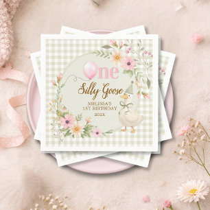 One Silly Goose Gingham Pink Flora Birthday Party Napkin