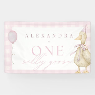 One Silly Goose Gingham Pink Girl 1st Birthday  Banner