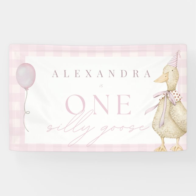 One Silly Goose Gingham Pink Girl 1st Birthday  Banner (Horizontal)