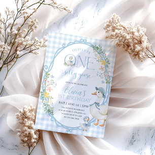 One Silly Goose Girl 1st Birthday Blue Gingham Invitation