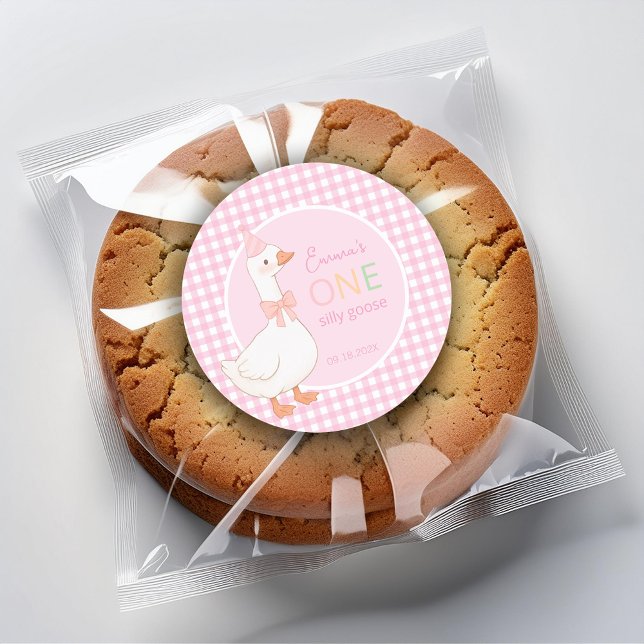 One Silly Goose Girl 1st Birthday Party Pink Plaid Classic Round Sticker (Creator Uploaded)