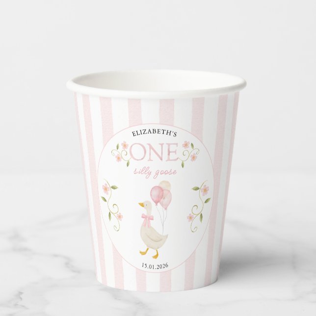 One Silly Goose Girl 1st Birthday Pink Paper Cups (Front)