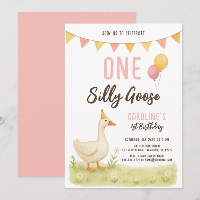 One Silly Goose Girl First Birthday Invitation (Front/Back)