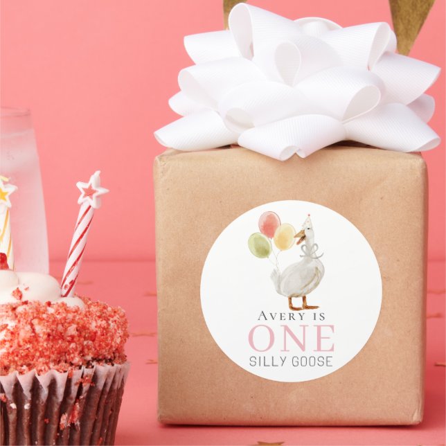 One Silly Goose Girl Pink 1st Birthday Classic Round Sticker (Party)
