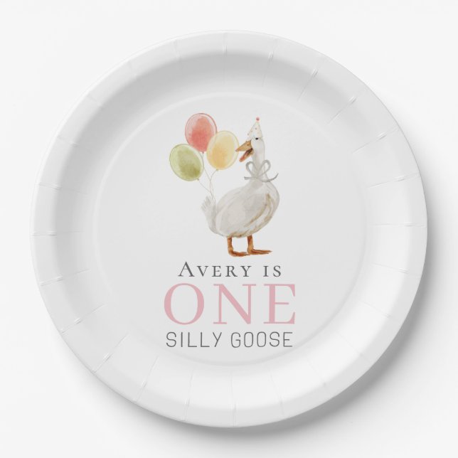 One Silly Goose Girl Pink 1st Birthday Paper Plate (Front)