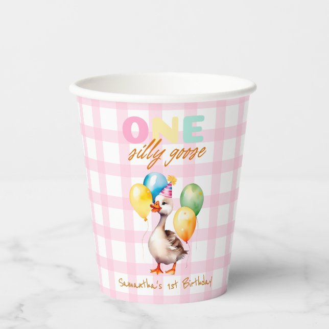 One Silly Goose Girl Pink 1st Birthday Party Paper Cups (Front)
