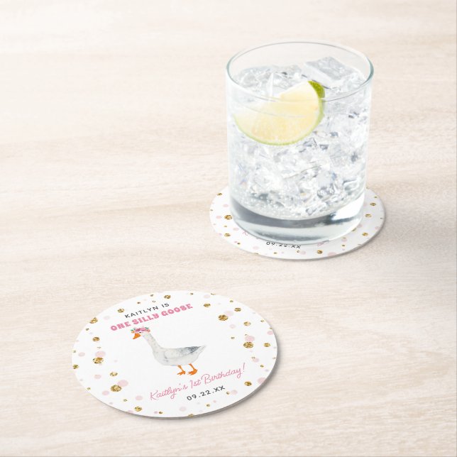 One Silly Goose Girls 1st Birthday Party Round Paper Coaster (Insitu)