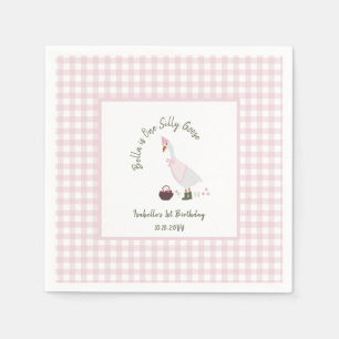 One Silly Goose Girls Pink Gingham 1st Birthday  Napkin