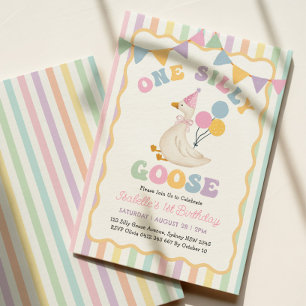 One Silly Goose: Girly Pastel Stripes 1st Birthday Invitation