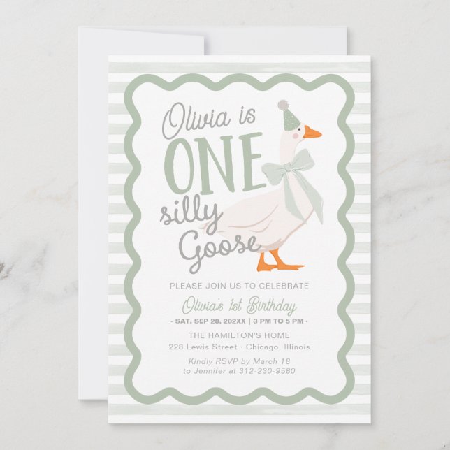 One Silly Goose Green Bow 1st Birthday Invitation (Front)
