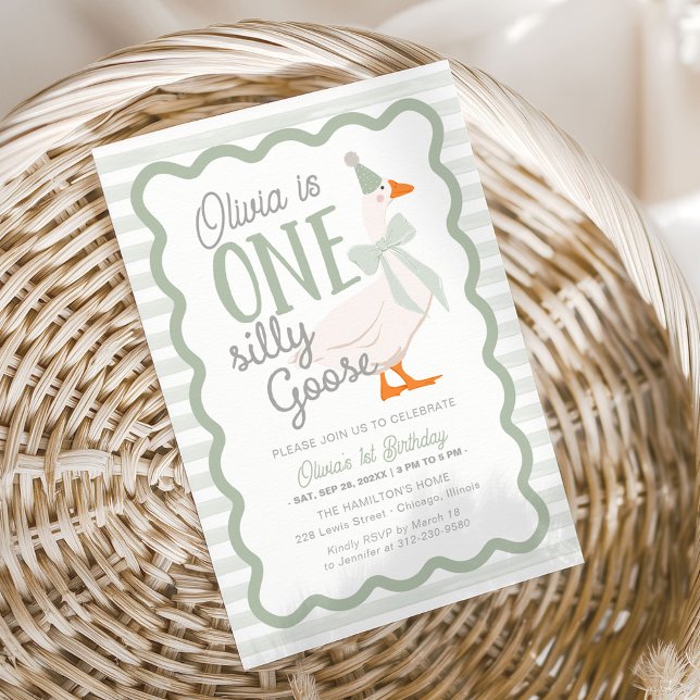 One Silly Goose Green Bow 1st Birthday Invitation (Creator Uploaded)