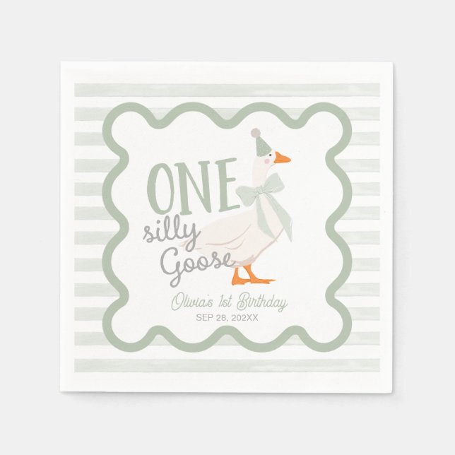 One Silly Goose Green Bow 1st Birthday Napkin (Front)