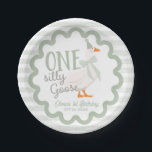 One Silly Goose Green Bow 1st Birthday Paper Plate<br><div class="desc">Get ready to celebrate your little one’s first birthday with the One Silly Goose 1st Birthday Suite! This charming suite features an adorable goose wearing a cute pink bow, surrounded by a retro-inspired frame on a pink and white striped background. It’s perfect for capturing all those joyful moments! CUSTOMIZATION: If...</div>