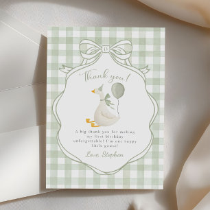 One Silly Goose Green Bow First Birthday Thank You Card