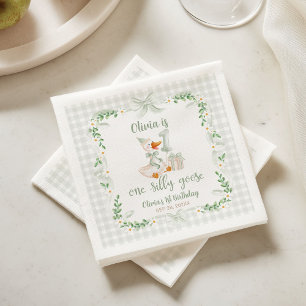 One Silly Goose Green Bow Floral 1st Birthday Napkin