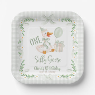 One Silly Goose Green Bow Floral 1st Birthday Paper Plate
