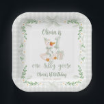 One Silly Goose Green Bow Floral 1st Birthday Paper Plate<br><div class="desc">Get ready to celebrate your little one’s first birthday with the One Silly Goose 1st Birthday Suite! This charming suite features an adorable goose wearing a cute pistachio green bow, surrounded by sweet daisy flowers and cheerful greenery. All this cuteness comes together against a fun pink-checkered watercolor backdrop, making it...</div>