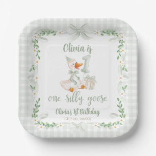 One Silly Goose Green Bow Floral 1st Birthday Paper Plate