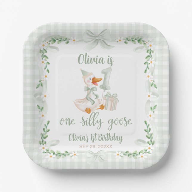 One Silly Goose Green Bow Floral 1st Birthday Paper Plate (Front)