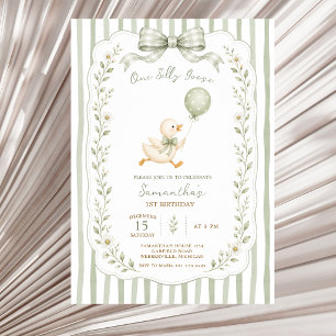 One Silly Goose Green Bow Girl 1st Birthday Invitation
