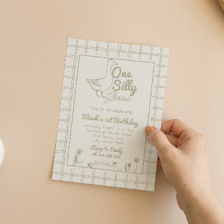 One Silly Goose Green Drawn 1st First Birthday  Invitation