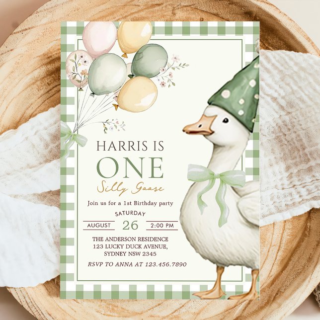 One Silly Goose Green Gingham 1st Birthday Invitation (Creator Uploaded)