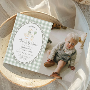 One Silly Goose Green Gingham 1st Birthday Photo Invitation