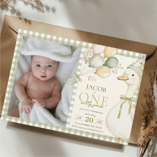 One Silly Goose Green Gingham 1st Birthday Photo Invitation