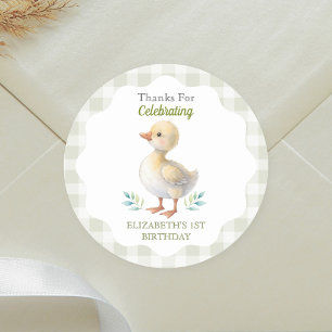One Silly Goose Green Gingham Baby First Birthday Classic Round Sticker