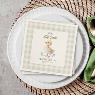 One Silly Goose Green Gingham Baby First Birthday Napkin