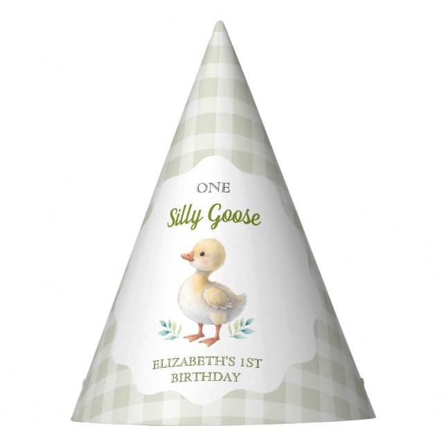 One Silly Goose Green Gingham Baby First Birthday Party Hat (Front)