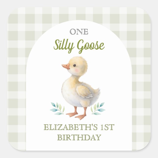 One Silly Goose Green Gingham Baby First Birthday Square Sticker (Front)