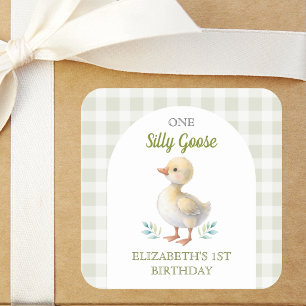 One Silly Goose Green Gingham Baby First Birthday Square Sticker