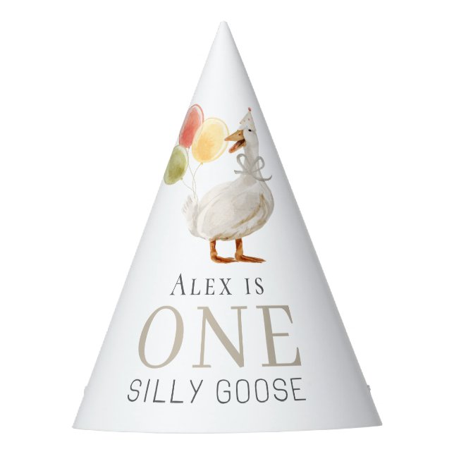 One Silly Goose Greige 1st Birthday Party Hat (Front)