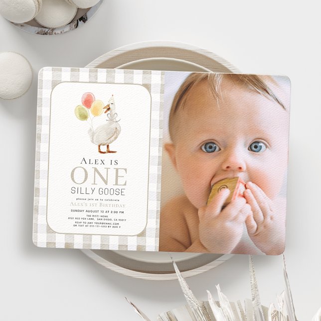 One Silly Goose Greige Gingham 1st Birthday Invitation (Creator Uploaded)