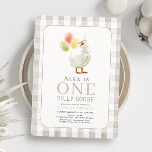 One Silly Goose Greige Gingham 1st Birthday Invitation