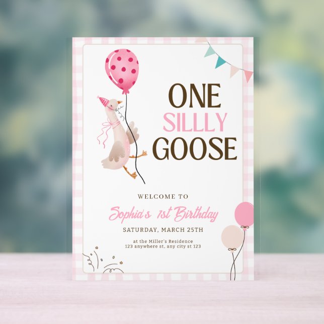 One Silly Goose Invitation, 1st Birthday Girl Pink Acrylic Sign (Neutral)