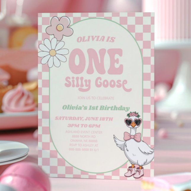 ONE Silly Goose Modern Retro 1st Birthday Party Invitation (Creator Uploaded)