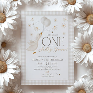 One Silly Goose Neutral 1st Birthday Beige Gingham Invitation