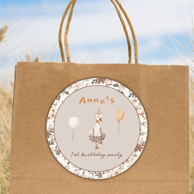 One Silly Goose Neutral 1st Birthday Party  Classic Round Sticker (Creator Uploaded)