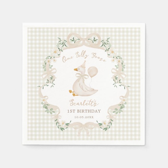 One Silly Goose Neutral Bow 1st Birthday Napkin (Front)