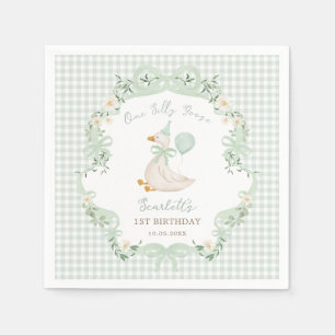 One Silly Goose Neutral Green Bow 1st Birthday Napkin