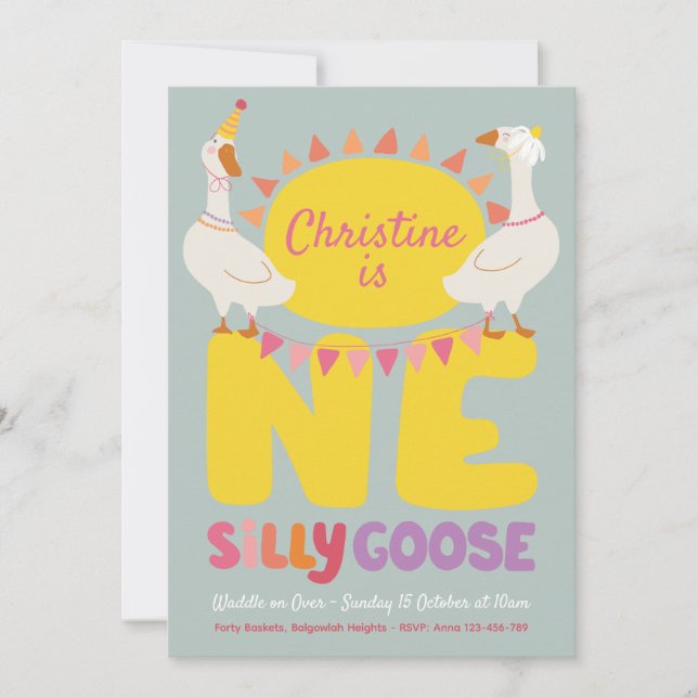One Silly Goose Party Invite, Girls 1st Birthday Invitation (Front)
