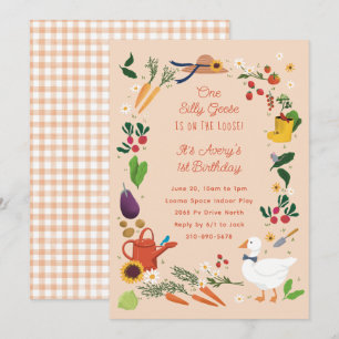 One Silly Goose Peach Farmer Garden Theme Birthday Invitation