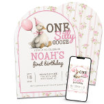 One Silly Goose Personalised 1st Birthday Arch Invitation<br><div class="desc">Celebrate your little one’s big milestone with our One Silly Goose Personalised Pink 1st Birthday Arch Invitation! Featuring a whimsical goose illustration, playful pink tones, and a trendy arch-shaped design, this charming invite sets the tone for a lighthearted and joy-filled first birthday party. The modern layout blends sweetness with a...</div>