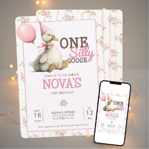 One Silly Goose Personalized Pink 1st Birthday Invitation